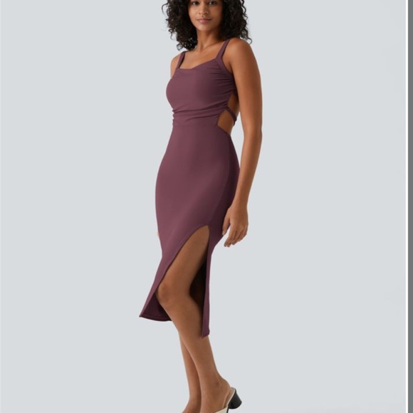 Halara Ruched Backless Crisscross Lace Up Split Bodycon Midi Casual Dress - Picture 3 of 7